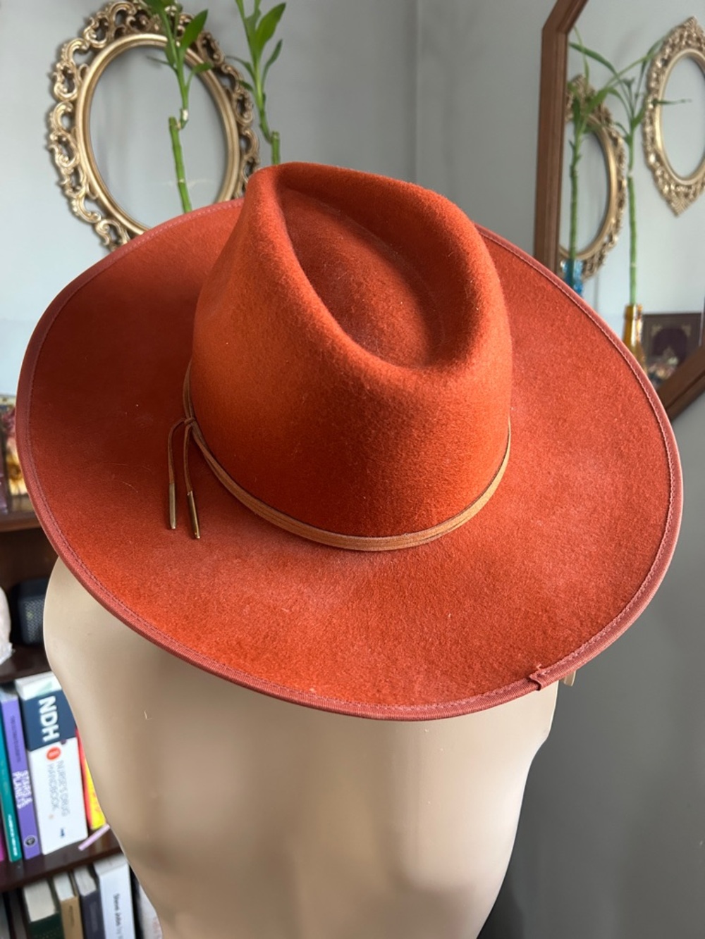Womens Wide Brim Wool Hat in Burnt Orange with Tan Band